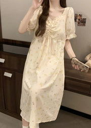 Elegant Apricot Print Ruffled Cotton Pajamas Dress V Neck Summer