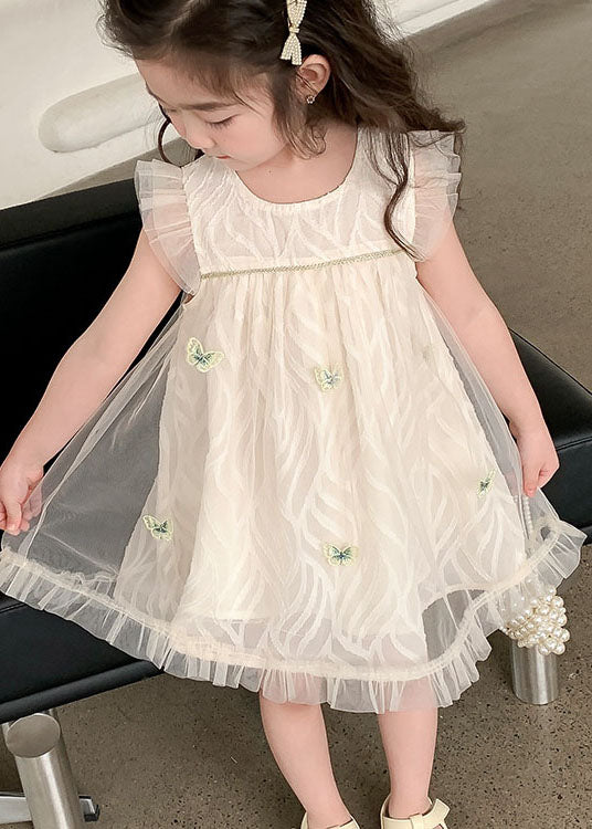 Elegant Apricot Ruffled Butterfly Patchwork Tulle Baby Girls Dress Summer