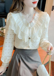 Elegant Apricot Ruffled Hollow Out Patchwork Lace Shirts Fall