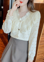 Elegant Apricot Ruffled Hollow Out Patchwork Lace Shirts Fall