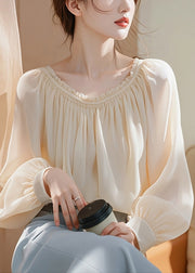 Elegant Apricot Ruffled Solid Chiffon Shirt Spring