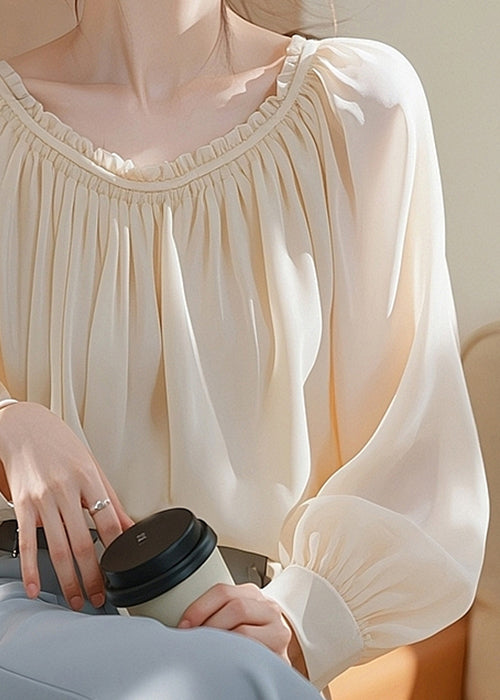 Elegant Apricot Ruffled Solid Chiffon Shirt Spring