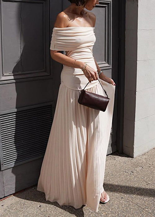 Elegant Apricot Slash Neck Wrinkled Long Dress Summer