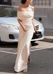 Elegant Apricot Slash Neck Wrinkled Long Dress Summer