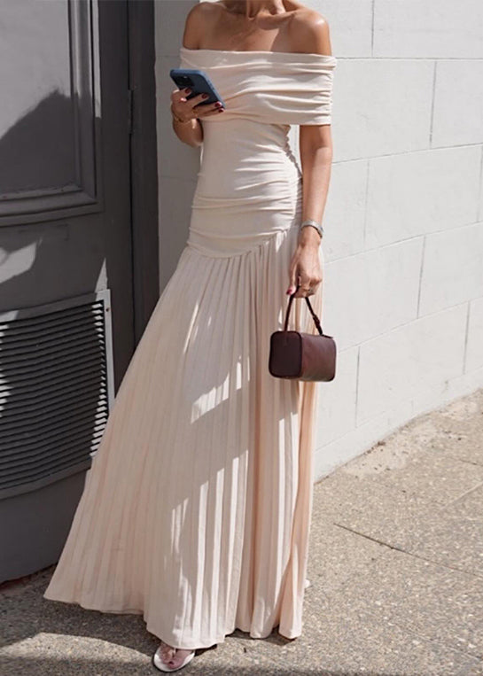 Elegant Apricot Slash Neck Wrinkled Long Dress Summer