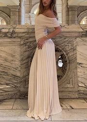 Elegant Apricot Slash Neck Wrinkled Long Dress Summer