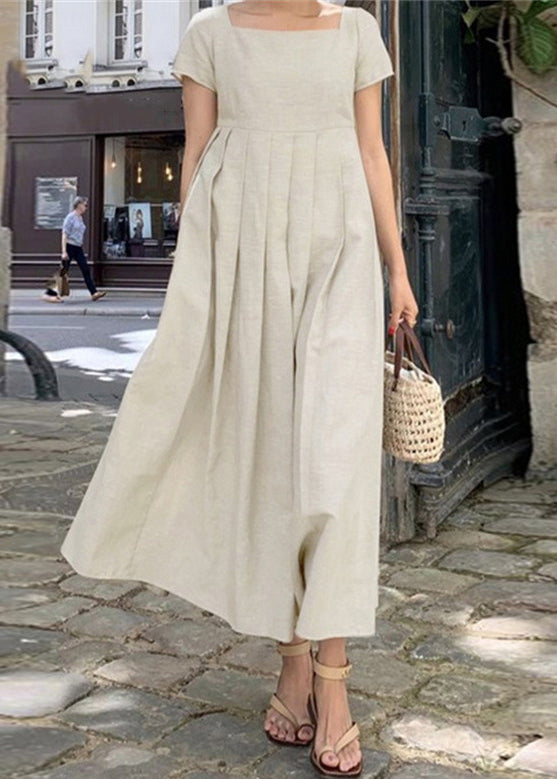 Elegant Apricot Square Collar Wrinkled Cotton Long Dress Summer