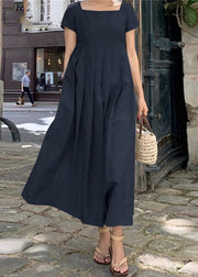 Elegant Apricot Square Collar Wrinkled Cotton Long Dress Summer