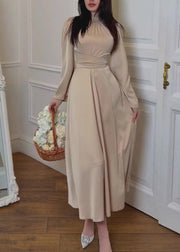 Elegant Apricot Stand Collar Lace Up Silk Dress Spring