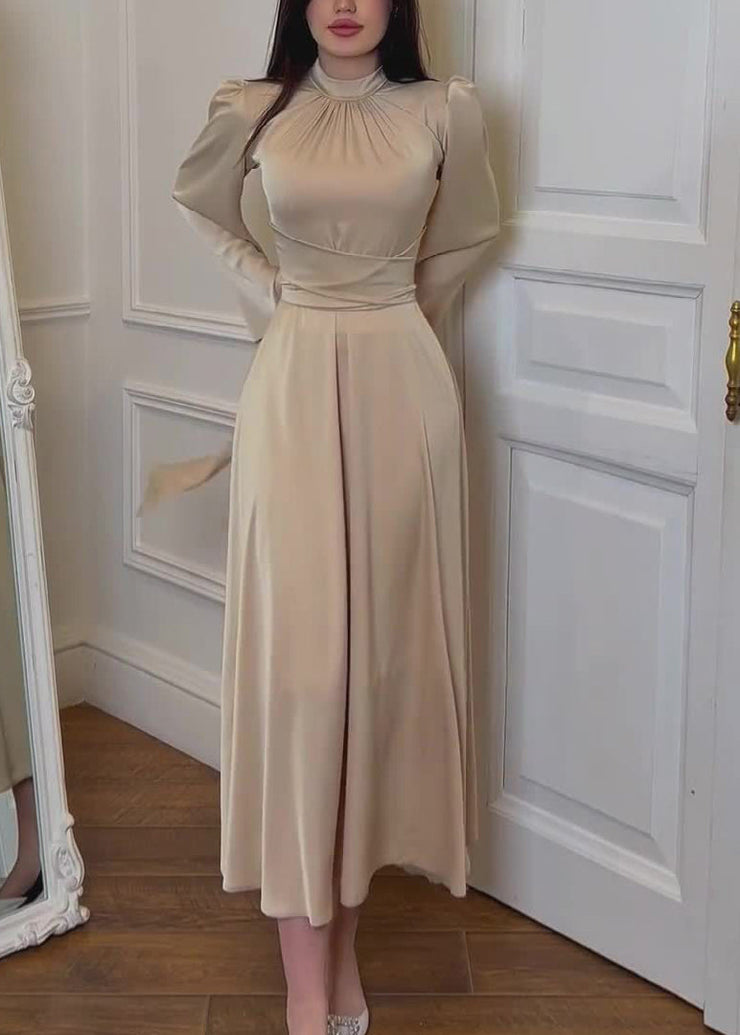 Elegant Apricot Stand Collar Lace Up Silk Dress Fall