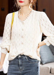 Elegant Apricot V Neck Button Patchwork Lace Top Fall