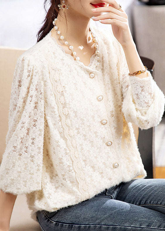 Elegant Apricot V Neck Button Patchwork Lace Top Fall