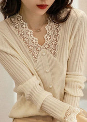 Elegant Apricot V Neck Thick Lace Patchwork Nail Bead Knit Sweater Tops Winter