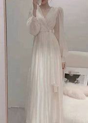 Elegant Apricot V Neck Tie Waist Chiffon Long Dress Spring