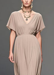 Elegant Apricot V Neck Wrinkled Chiffon Long Dress Summer