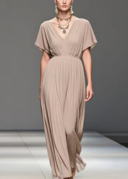 Elegant Apricot V Neck Wrinkled Chiffon Long Dress Summer