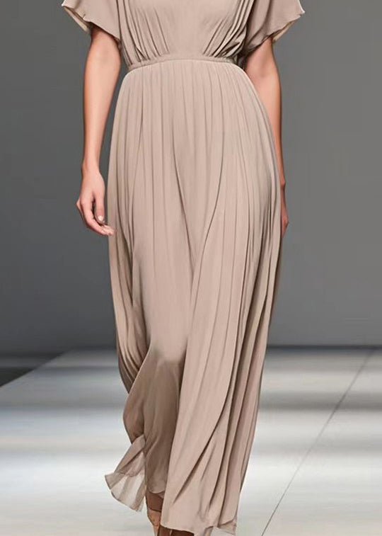 Elegant Apricot V Neck Wrinkled Chiffon Long Dress Summer