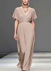 Elegant Apricot V Neck Wrinkled Chiffon Long Dress Summer