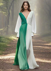 Elegant Asymmetrical Wrinkled Patchwork Chiffon Long Dress Spring