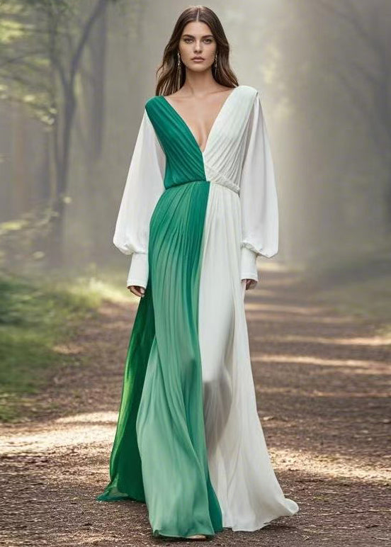 Elegant Asymmetrical Wrinkled Patchwork Chiffon Long Dress Spring