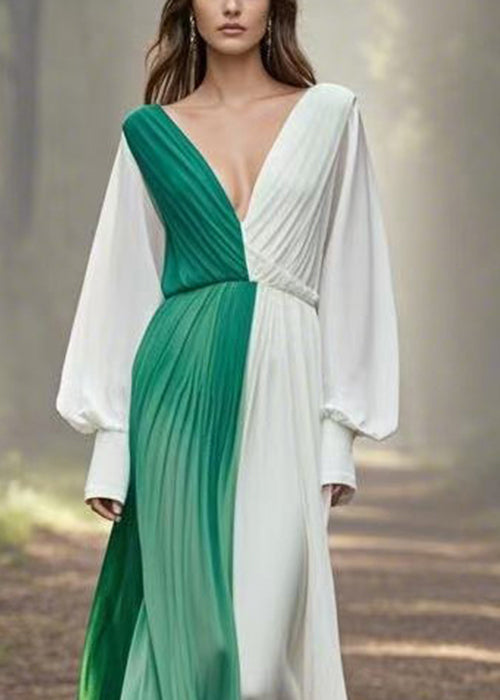 Elegant Asymmetrical Wrinkled Patchwork Chiffon Long Dress Spring