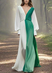 Elegant Asymmetrical Wrinkled Patchwork Chiffon Long Dress Spring