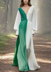 Elegant Asymmetrical Wrinkled Patchwork Chiffon Long Dress Spring