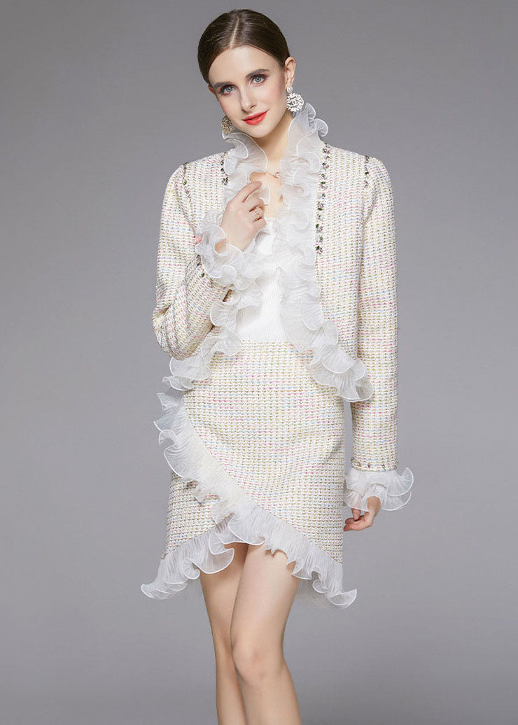 Elegant Beige Asymmetrical Patchwork Ruffles Woolen Two Piece Suit Set Fall