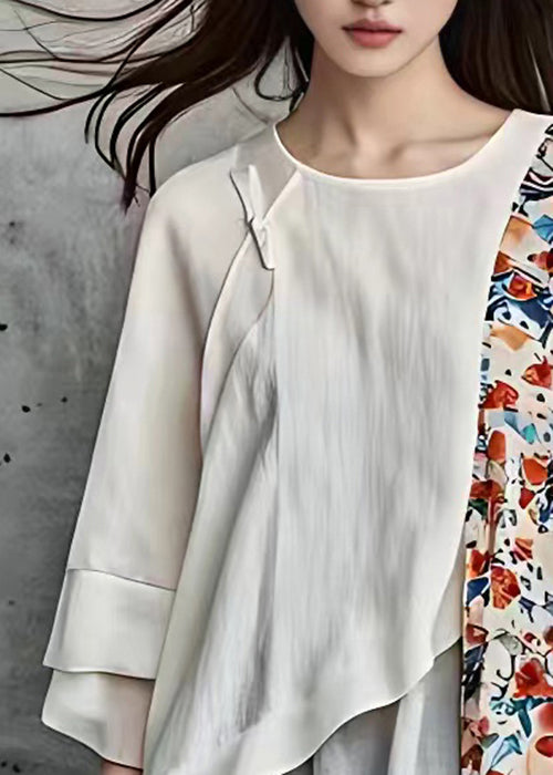 Elegant Beige Asymmetrical Print Cotton Blouse Bracelet Sleeve