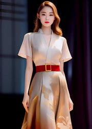 Elegant Beige Blouses And Red Skirts Patchwork Silk dress Pieces Summer