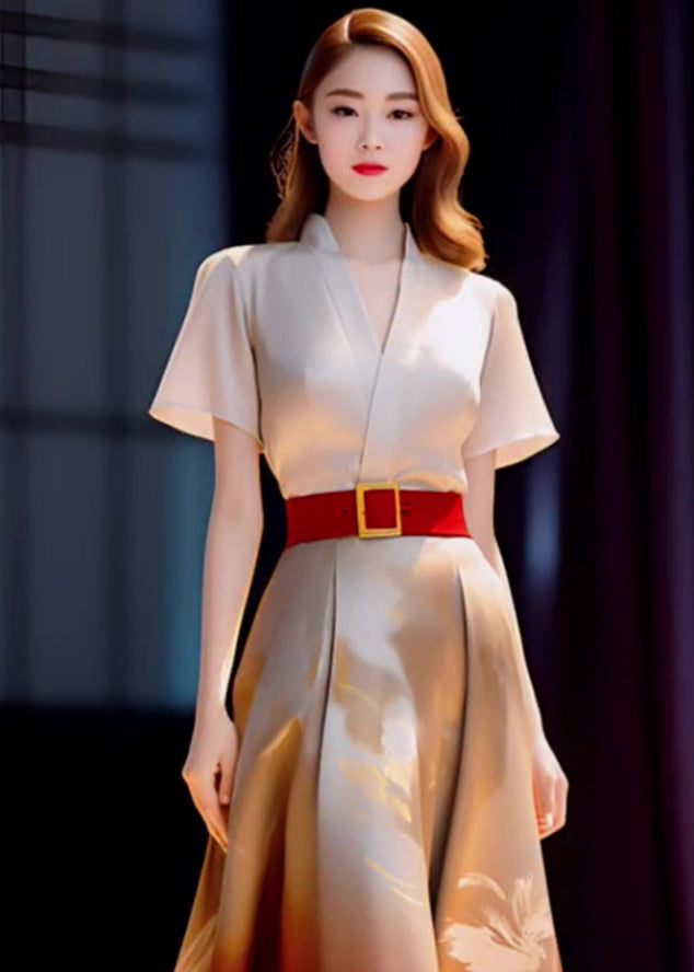 Elegant Beige Blouses And Red Skirts Patchwork Silk dress Pieces Summer