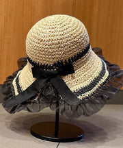 Elegant Beige Bow Patchwork Lace Straw Woven Floppy Sun Hat