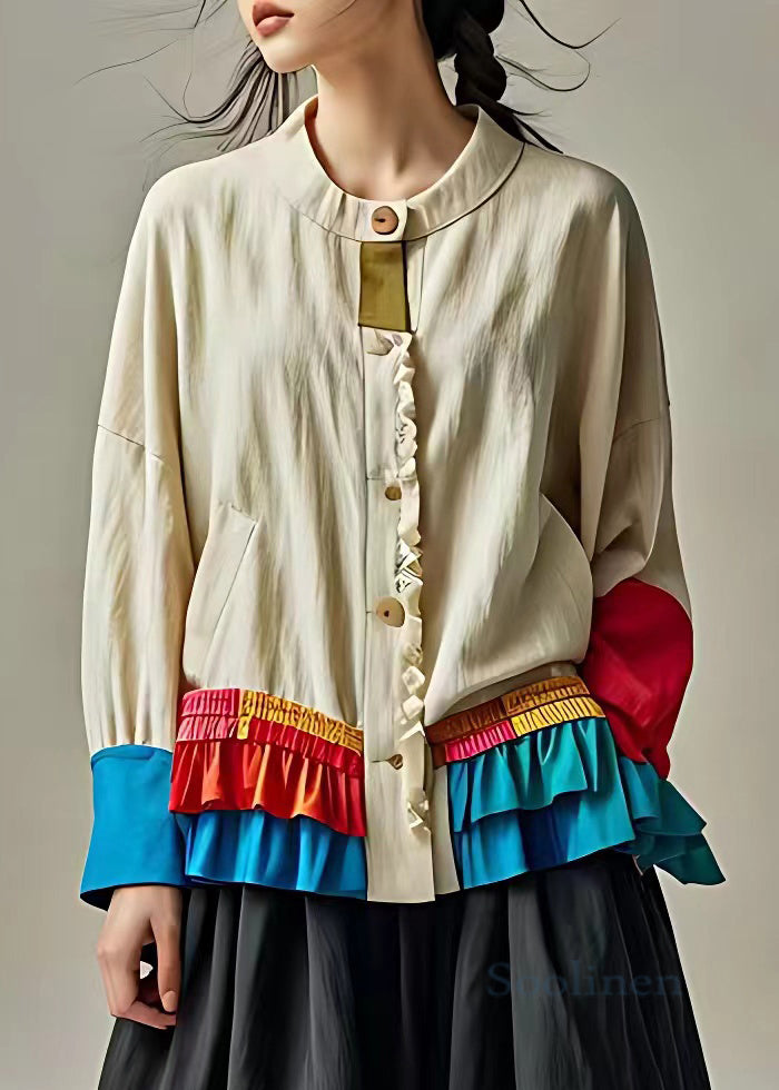 Elegant Beige Button Ruffled Patchwork Cotton Coat Long Sleeve