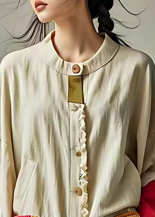 Elegant Beige Button Ruffled Patchwork Cotton Coat Long Sleeve