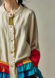 Elegant Beige Button Ruffled Patchwork Cotton Coat Long Sleeve