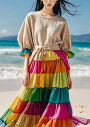 Elegant Beige Chiffon Patchwork Linen Dress Flare Sleeve
