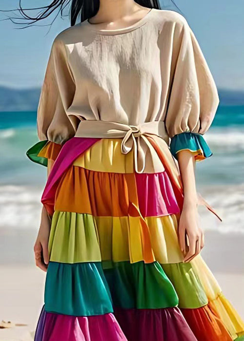 Elegant Beige Chiffon Patchwork Linen Dress Flare Sleeve