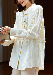 Elegant Beige Chinese Button Sequins Silk Shirt Long Sleeve