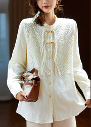 Elegant Beige Chinese Button Sequins Silk Shirt Long Sleeve