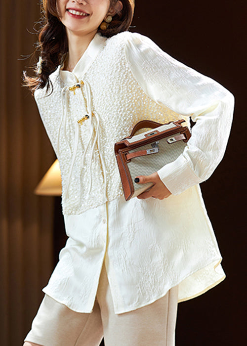 Elegant Beige Chinese Button Sequins Silk Shirt Long Sleeve