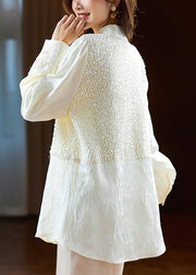 Elegant Beige Chinese Button Sequins Silk Shirt Long Sleeve