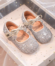 Elegant Beige Crystal Bow Girls Buckle Strap Flats