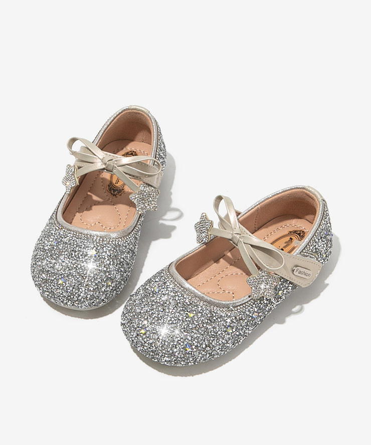 Elegant Beige Crystal Bow Girls Buckle Strap Flats