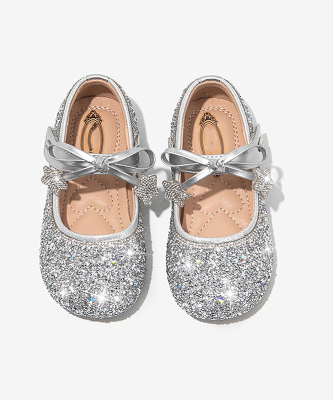 Elegant Beige Crystal Bow Girls Buckle Strap Flats