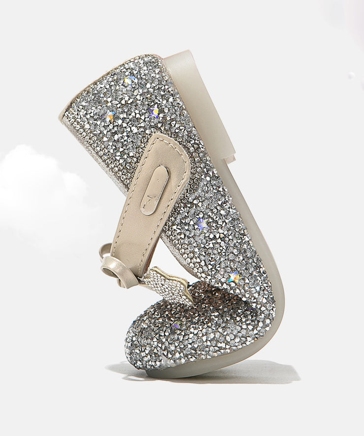 Elegant Beige Crystal Bow Girls Buckle Strap Flats