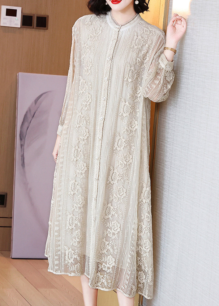 Elegant Beige Embroidered Button Silk Long Dresses Long Sleeve