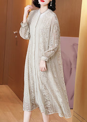 Elegant Beige Embroidered Button Silk Long Dresses Long Sleeve