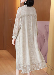 Elegant Beige Embroidered Button Silk Long Dresses Long Sleeve