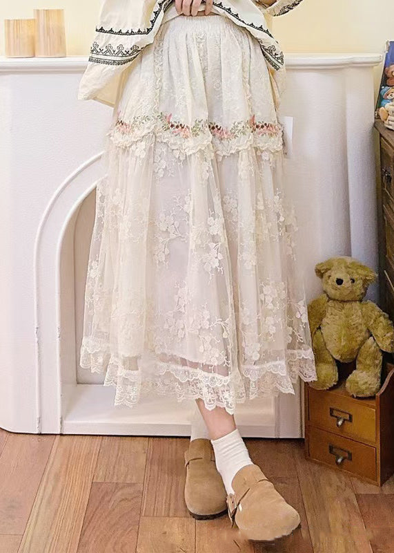 Elegant Beige Embroidered Elastic Waist Patchwork Tulle Skirt Spring