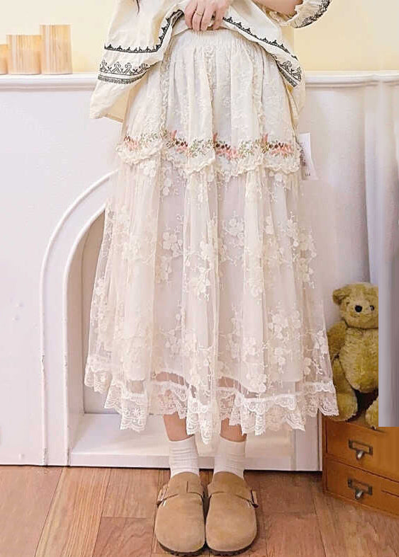 Elegant Beige Embroidered Elastic Waist Patchwork Tulle Skirt Spring